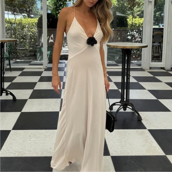 Revolve Helsa Sheer Deep V Long Slip Dress Cream Maxi with Rosette Flower Small - Picture 14 of 14